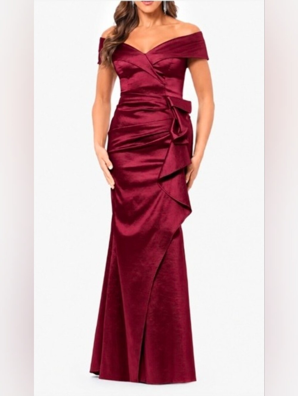 Xscape NWT Burgundy Wine Off-Shoulder Ruffle Maxi Gown Dress Size 14 #6416X